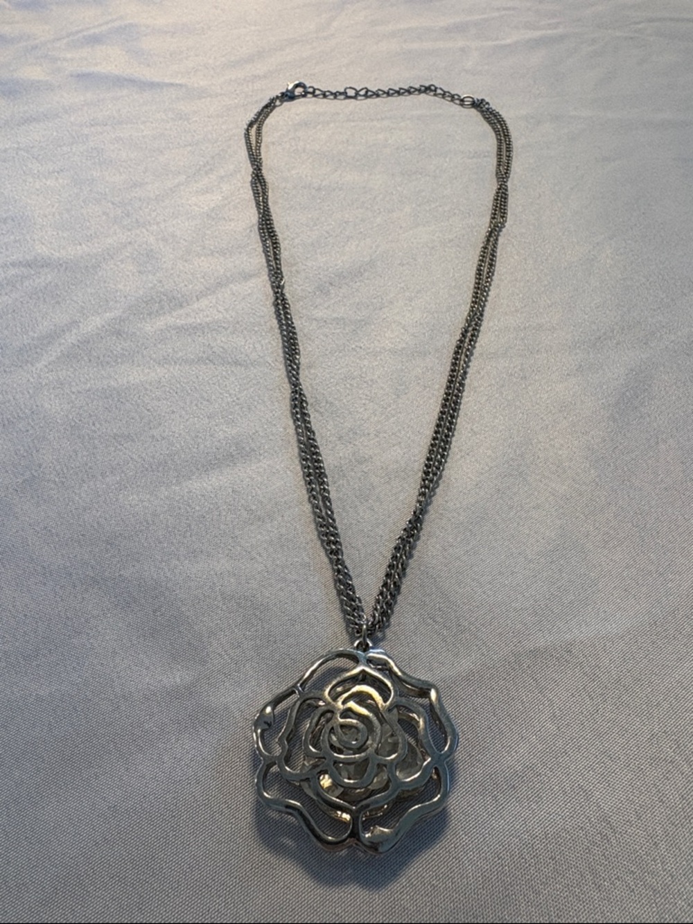 Silver Rose Pendant Layered Chain Necklace